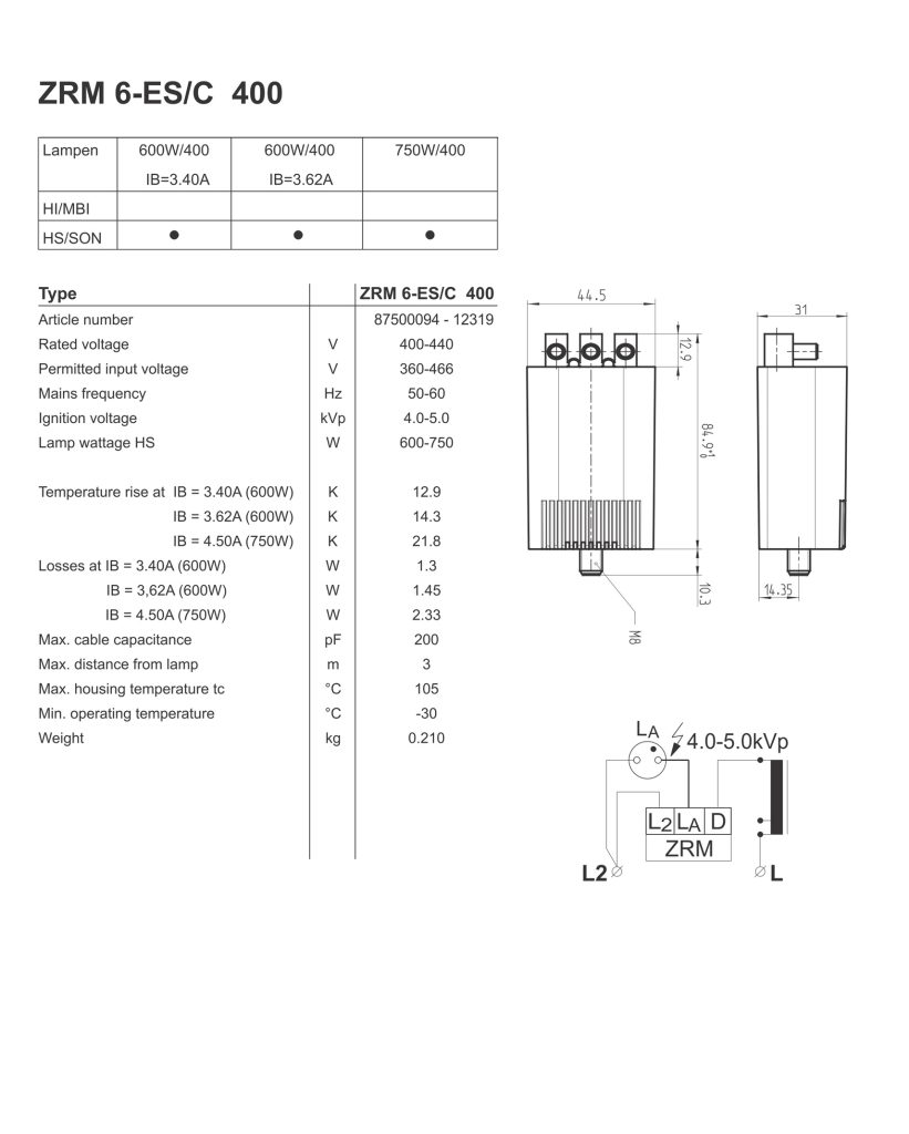 Technical drawing and dimensions for Ignelux Ignitor ZRM 6-ES/C 400.