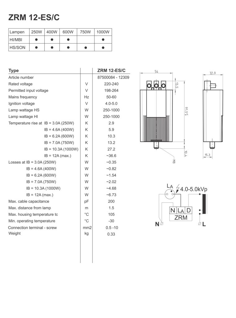 Technical dimensions and wiring diagram for Digital Ignitor ZRM 12-ES/C.
