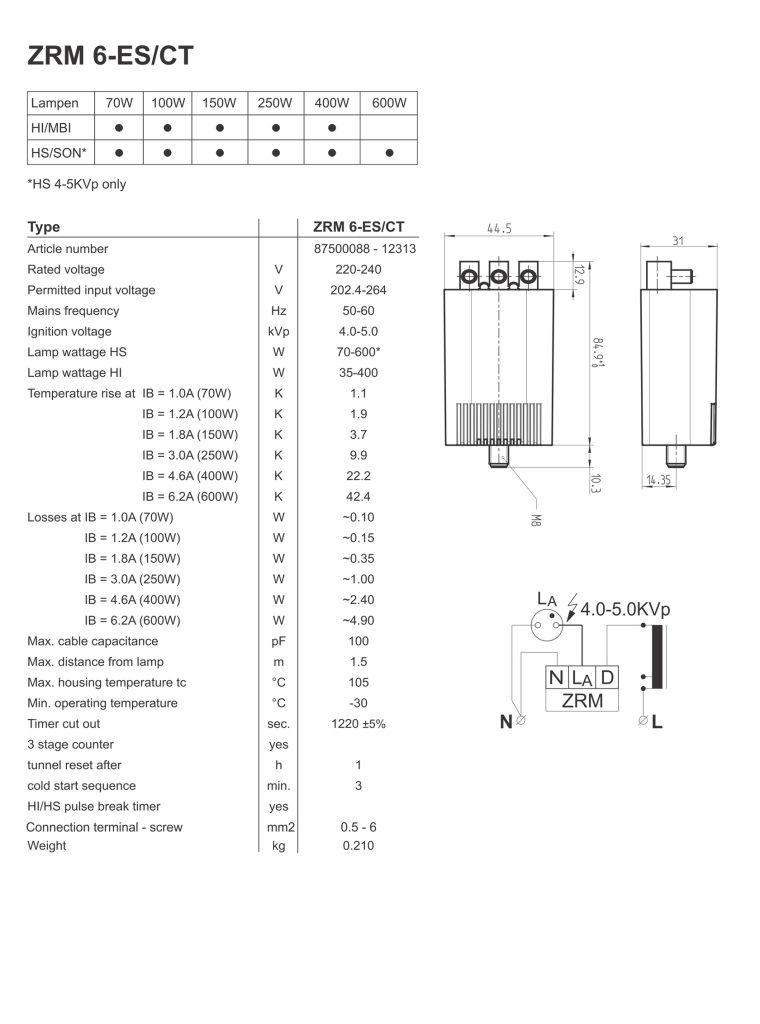 Technical specifications table for ZRM 6-ES/CT ignitor (HS/HI lamps).