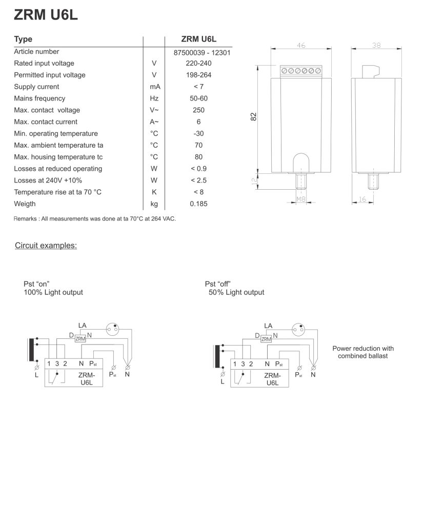 Technical specifications and performance data for Powerswitch ZRM U6L